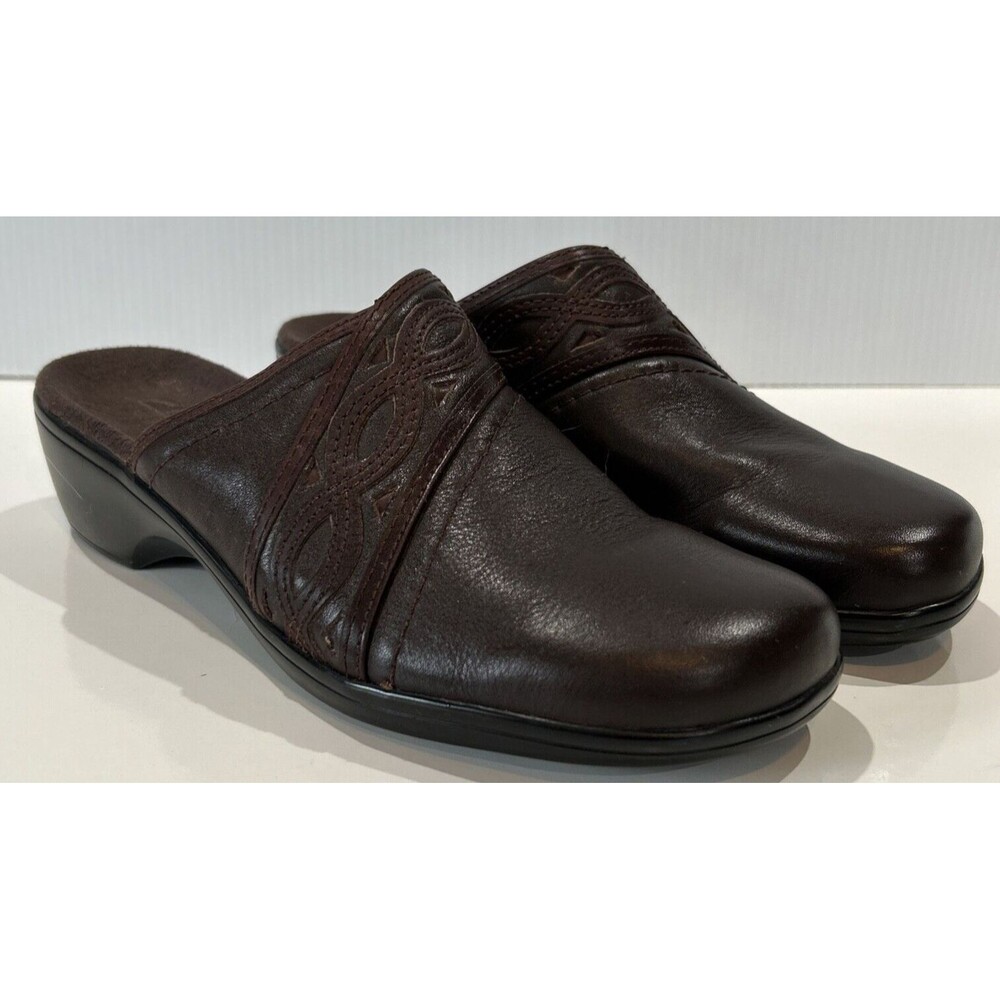 Clarks Bendables Brown Leather Slip-On 67047 Comfort Mule Clog Shoes Women’s 9